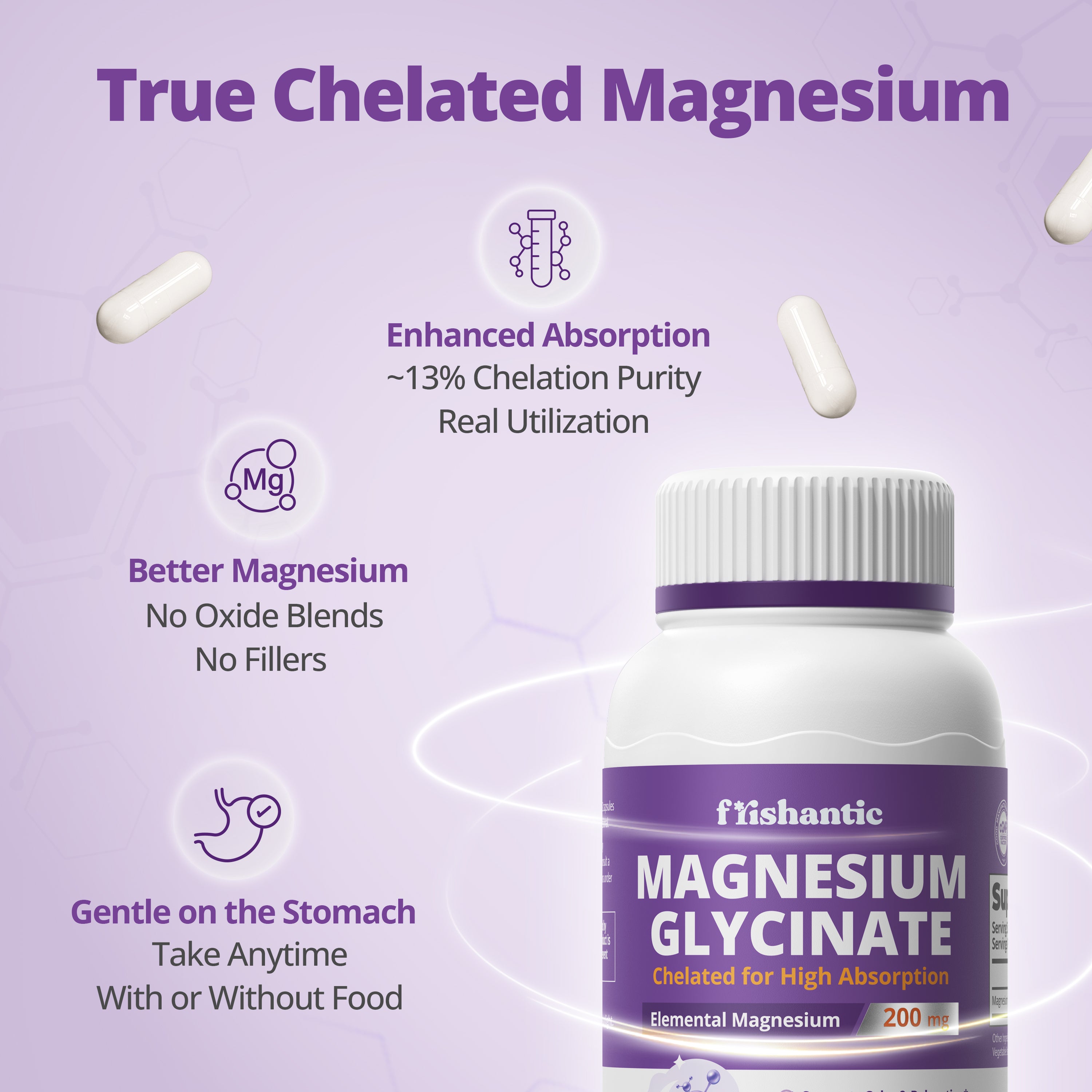 Magnesium Glycinate 200mg, Chelated, 60 Capsules
